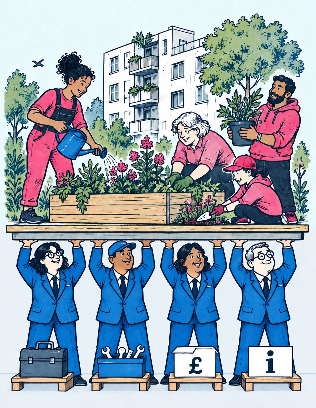 Editorial cartoon: council staff provide a platform of funding, tools and information while residents build a shared community garden.